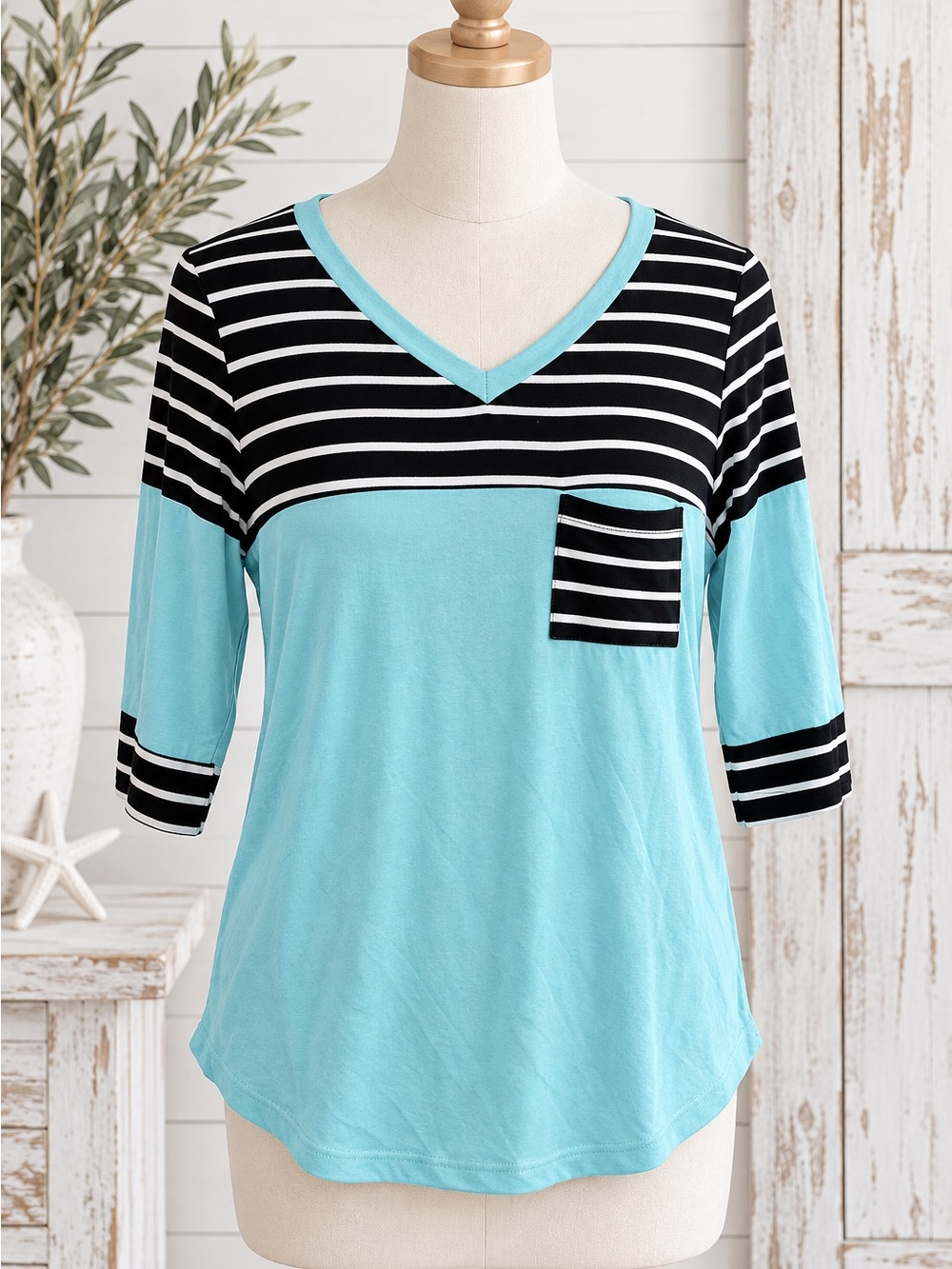 Striped V-Neck Pocket Top in Light Blue